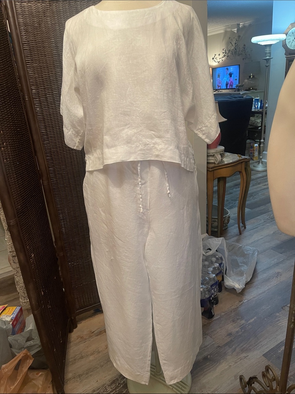 Dkny White Linen Wide-Leg Drawstring Pants